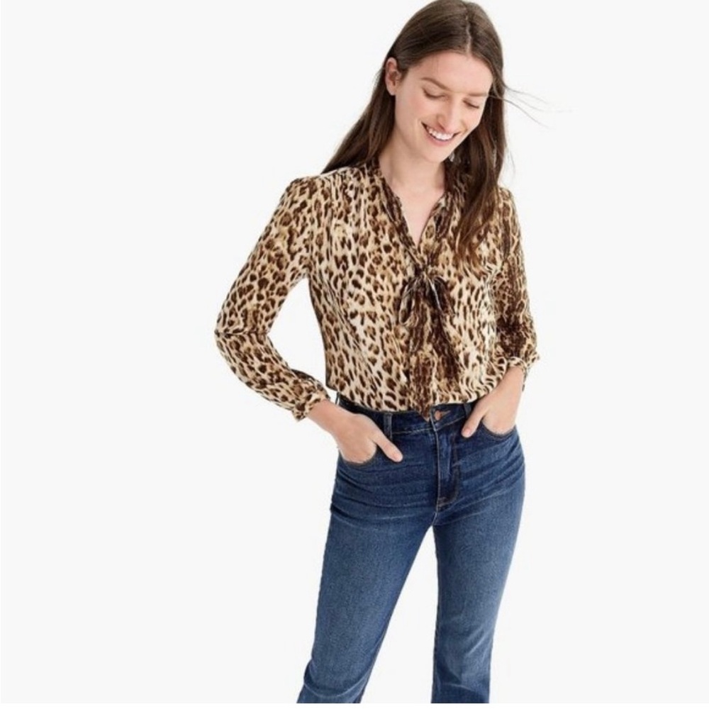 J. Crew Tie-neck Button-up Shirt in Leopard Print